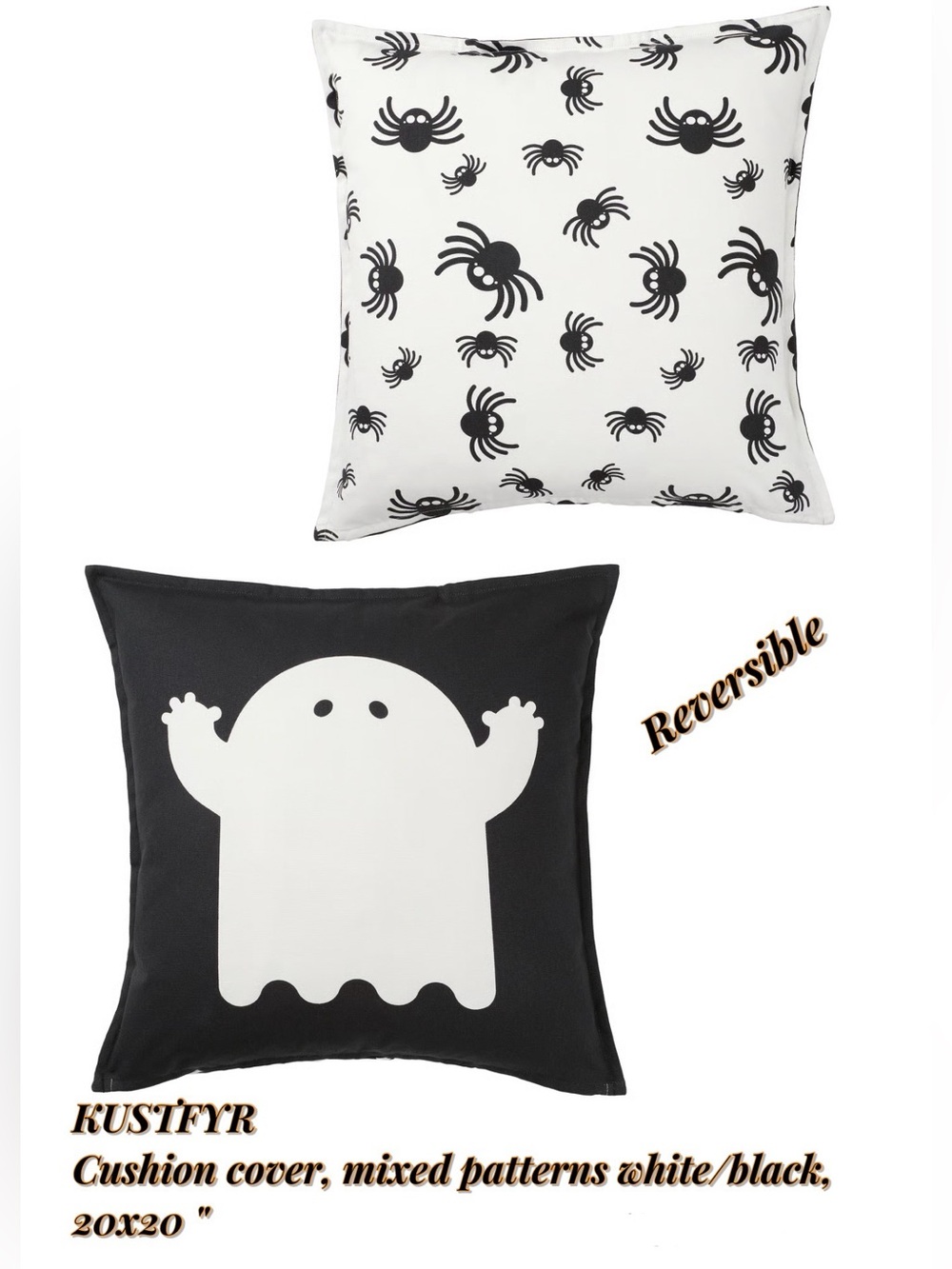 Reversible Halloween Cushion Cover - Ghost & Spider Pattern, White/Black